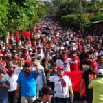 Sandinistas march in Masaya after the 'political prisoners' had left the country